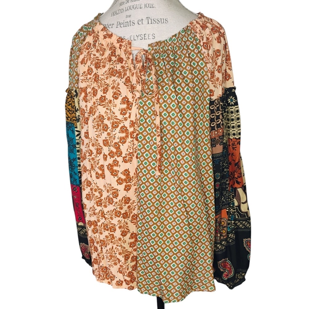 NWT‎ Three Bird Nest Patchwork Top Womens Medium Boho Bohemian Oversized Hippie